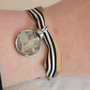 Striped Tan and Black Ribbon Bracelet with Silver 925 "L" Charm